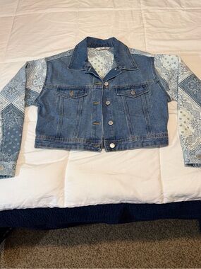 Cropped Blue Denim Jacket with Light Blue Bandana-Print Sleeves